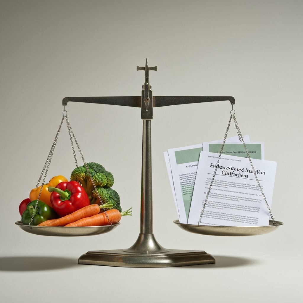 Balanced scales with vegetables and papers